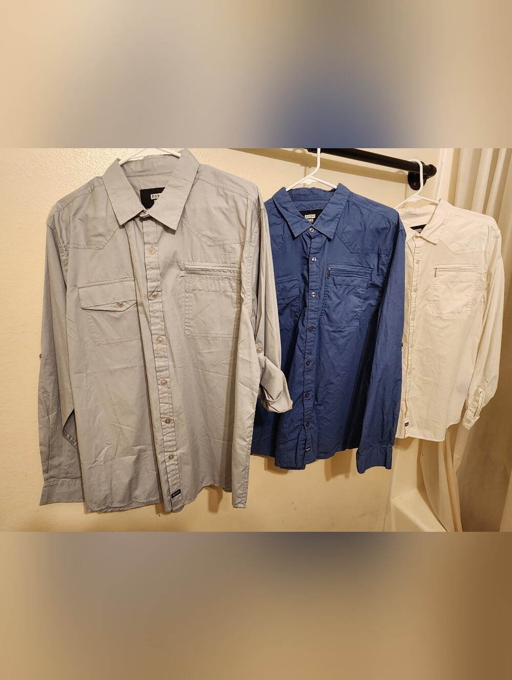 Hype Men's Longsleeve Button-up Shirt Bundle in Light Gray, Navy Blue & White